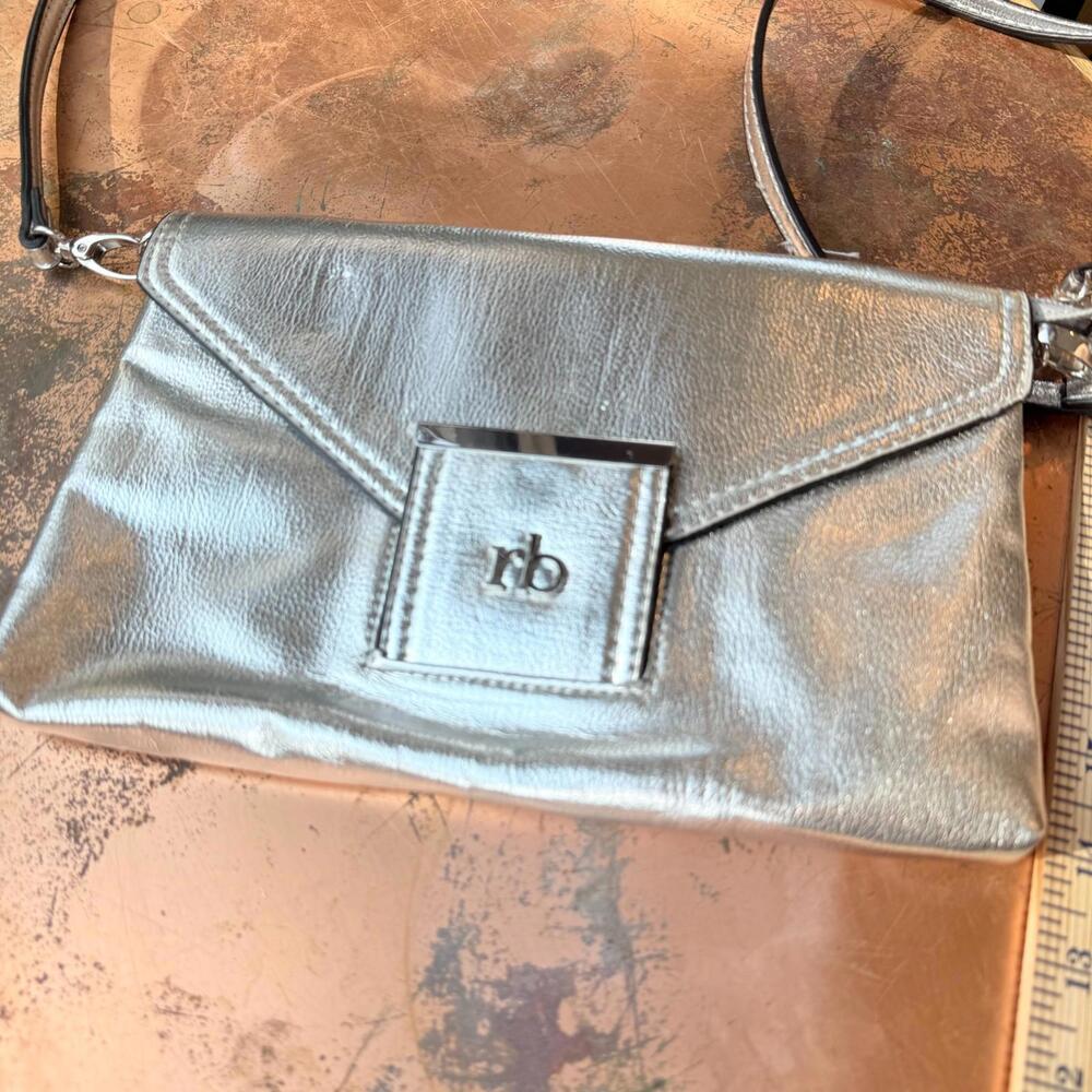 RB Silver Metallic Envelope Clutch Evening Bag 10" x 6"Purse w/ Detachable Strap